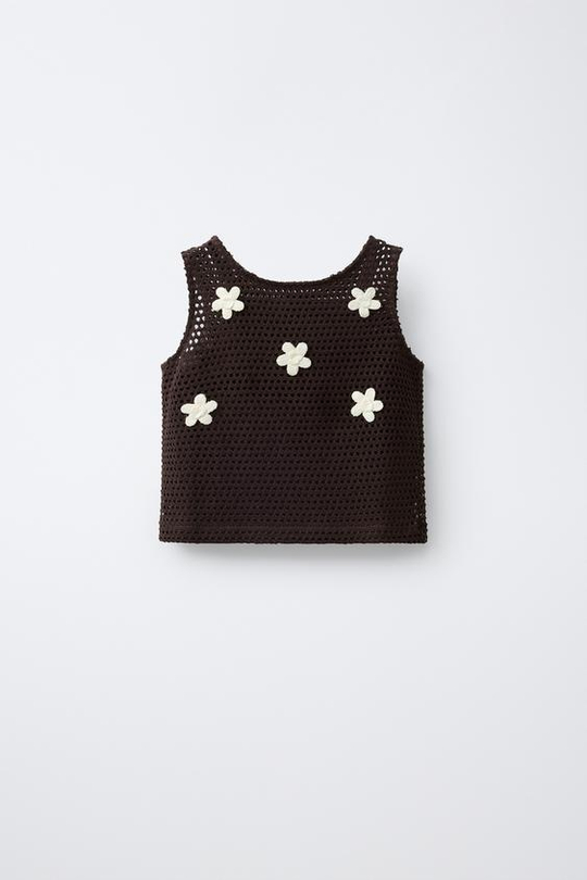 ZARA ТОП ИЗ КРУЖЕВА КРОШЕ С ЦВЕТАМИ, КОРИЧНЕВЫЙ