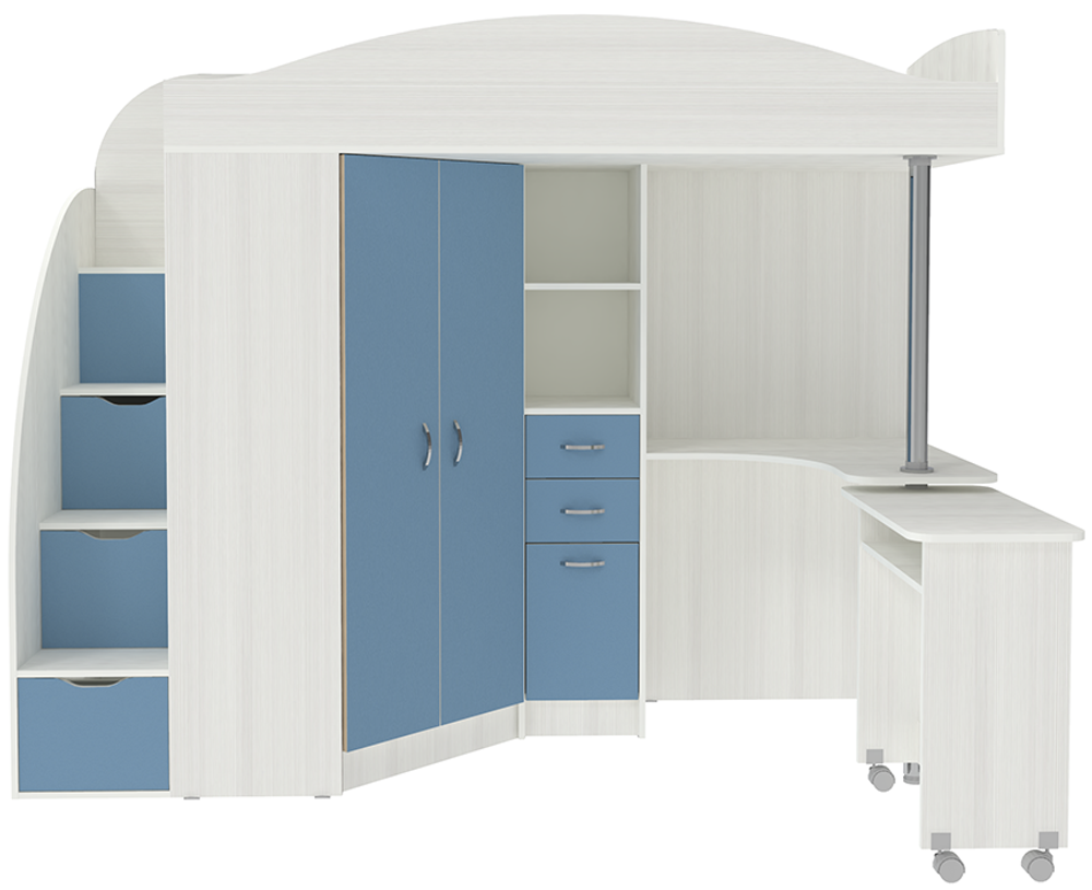 Кровать-чердак КарИВи Юниор 4 Белое Дерево Светло-синий, голубой