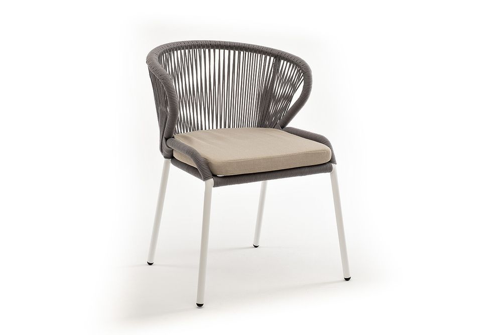 "Милан" стул плетеный из роупа, каркас алюминий белый шагрень, роуп светло-серый круглый, ткань бежевая