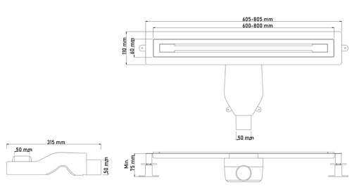 Душевой лоток Premium Trendy 80см, нерж.сталь ЧЕРНЫЙ