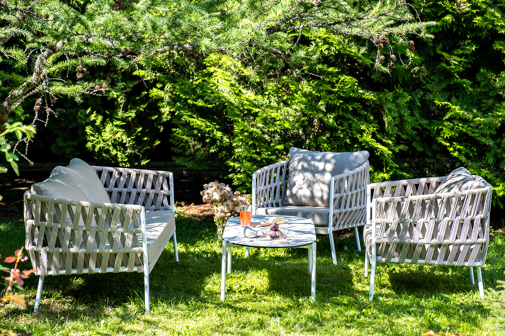 "Диего" лаунж-зона 4-местная плетеная из роупа (веревки), каркас алюминиевый белый, роуп бежевый