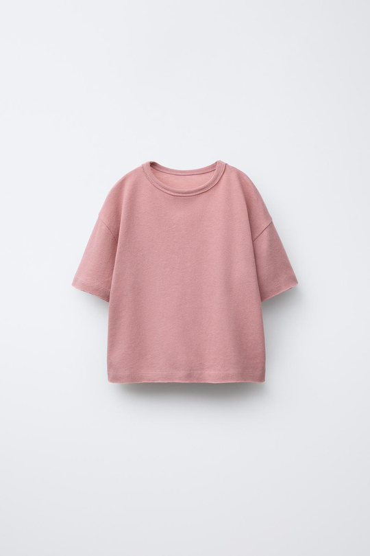 ZARA ФУТБОЛКА ИЗ ХЛОПКА И ЛЬНА С ЭФФЕКТОМ ПОТЕРТОСТИ, ЦВЕТ РОЗОВОГО ДЕРЕВА