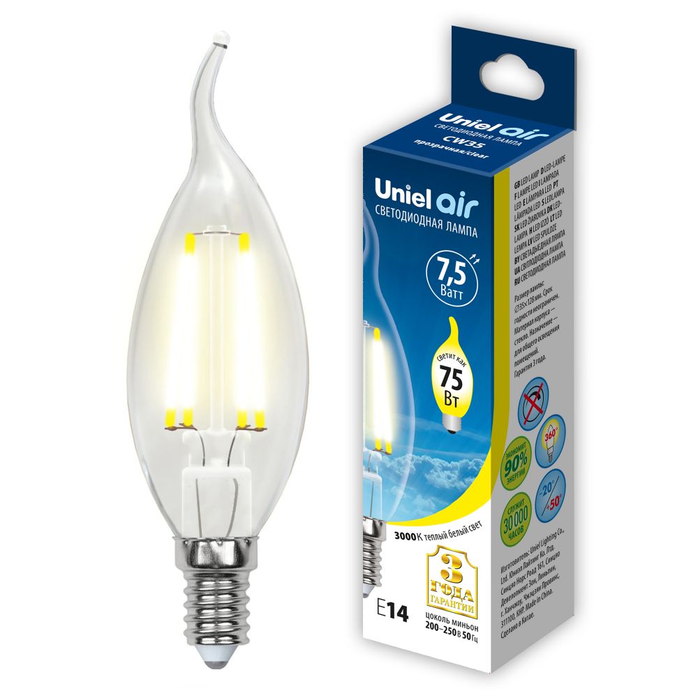 LED-CW35-7.5W-WW-E14-CL GLA01TR Лампа светодиодная. Форма свеча на ветру. прозрачная. Серия Air. Теплый белый свет 3000K. Картон. ТМ Uniel