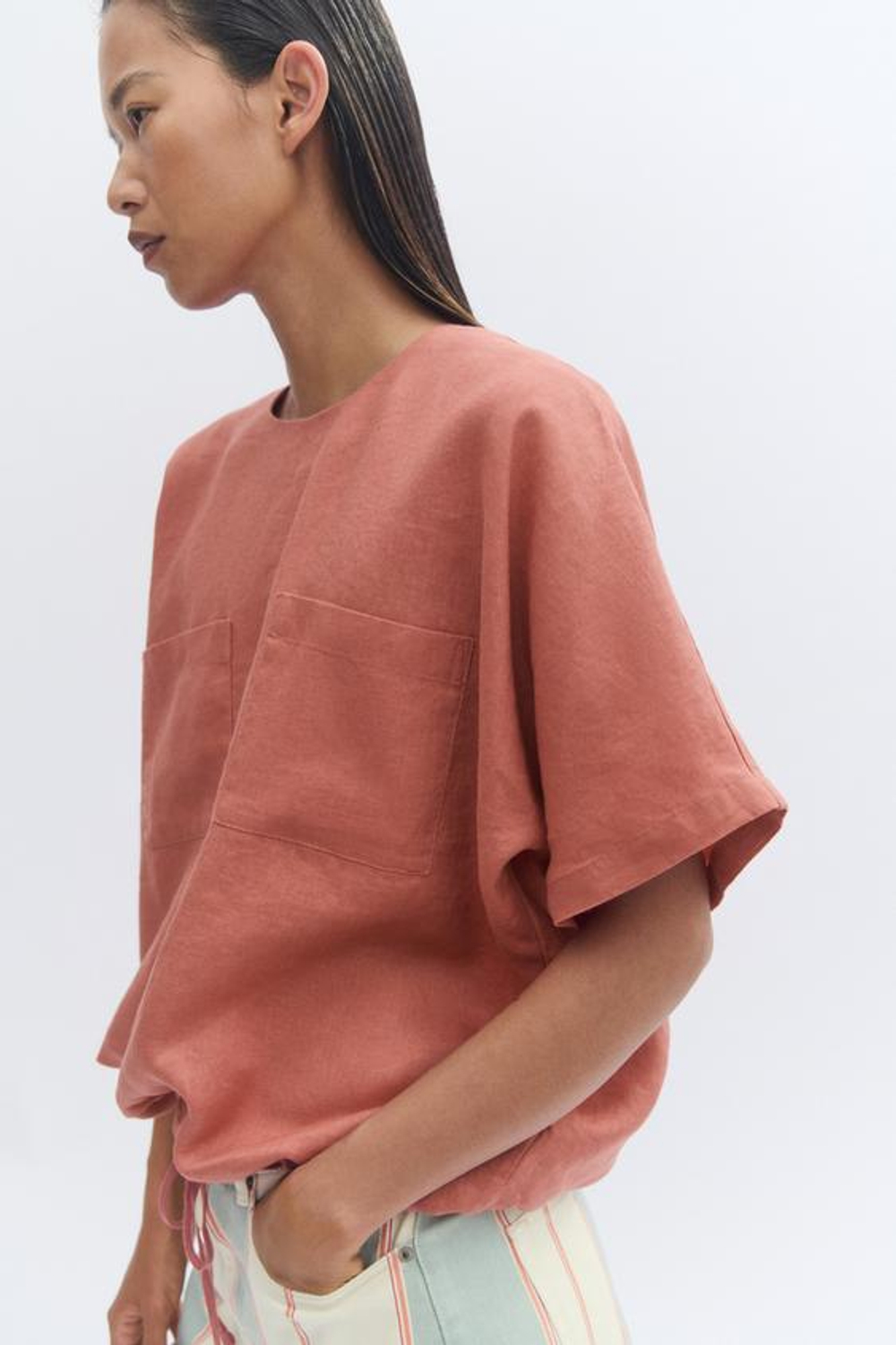 ZARA ЛЬНЯНОЙ ТОП НА ШНУРКАХ — ZW COLLECTION, КОРАЛЛОВЫЙ