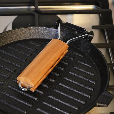 Сковорода гриль чугунная 24см с деревянной ручкой