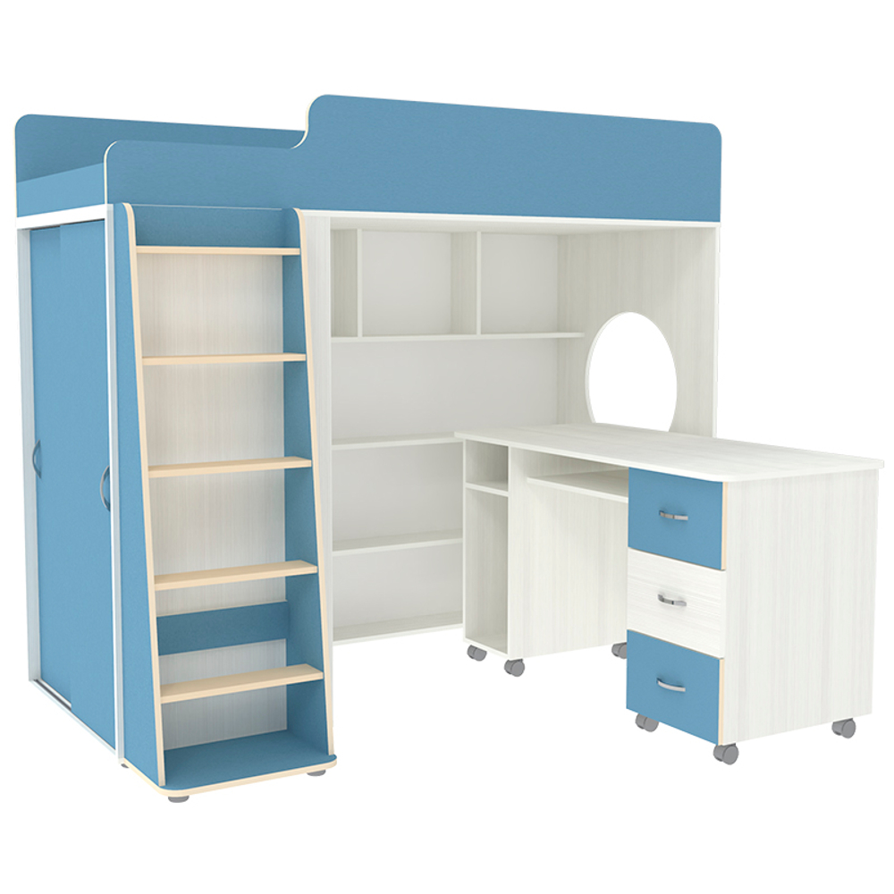 Кровать-чердак КарИВи Легенда 5.2 Белое Дерево Светло-синий, голубой