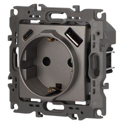 Выключатель ЭРА Серия 12 12-4108-16 2P+E 16A-250В со шторками с USB type-A+C 5В-3А титан | ЭРА 12 Титан