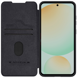 Кожаный чехол книжка черного цвета от Nillkin для Samsung Galaxy S24 FE, серия Qin Pro Leather с защитной шторкой для камеры