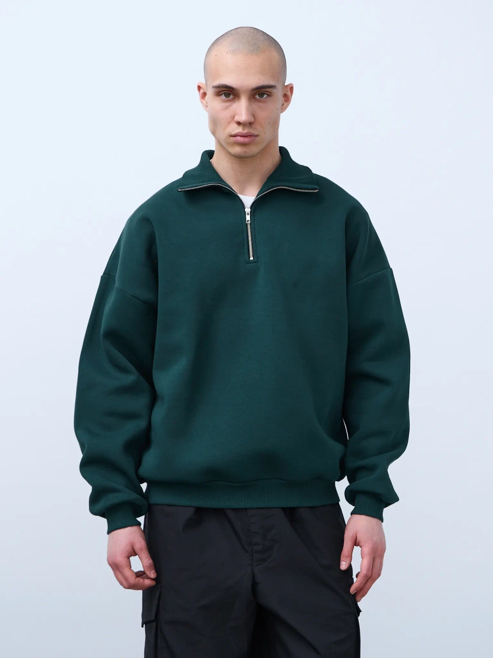 Свитшот с воротником на молнии с начесом (темно-зеленый)
