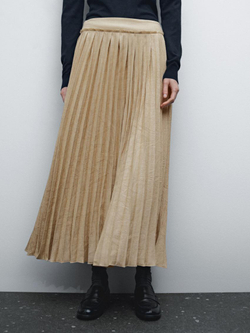 Massimo Dutti Плиссированная юбка миди с деталью из ткани, бежевый