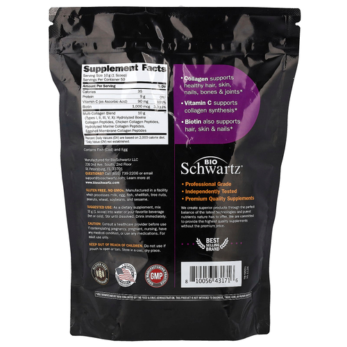 BioSchwartz, порошок из мультиколлагеновых пептидов, типы I, II, III, V и X, с биотином и витамином C, с нейтральным вкусом, 500 г (17,6 унции)