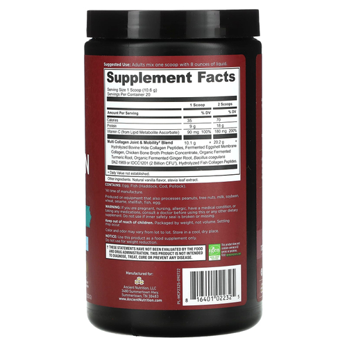 Ancient Nutrition, смесь коллагена разных типов и протеина, для здоровья и подвижности суставов, ваниль, 212 г (7,48 унции)