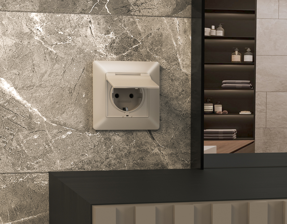 AP3680 Лицевая панель ALFA (Серо-бежевый матовый) для электрической розетки с/з со шторками и крышкой IP44 QUANT