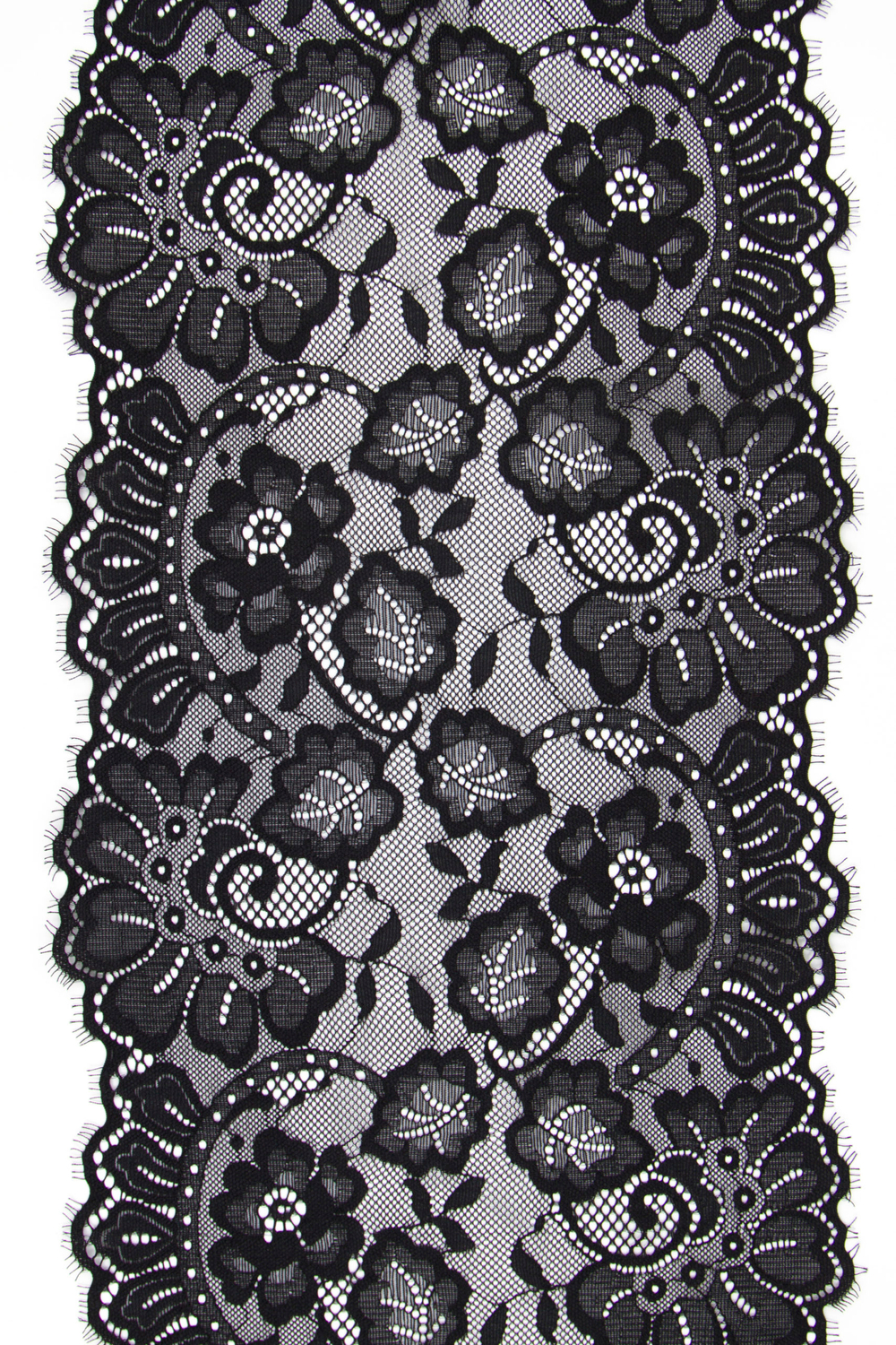 Кружево шантильи чёрное эластичное ширина 22 см ОТРЕЗ 0,93 м