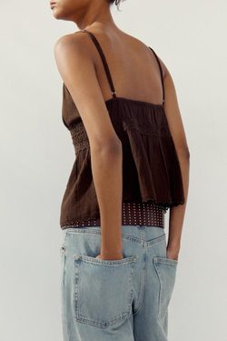 ZARA ТОП С КРУЖЕВОМ, КОРИЧНЕВЫЙ