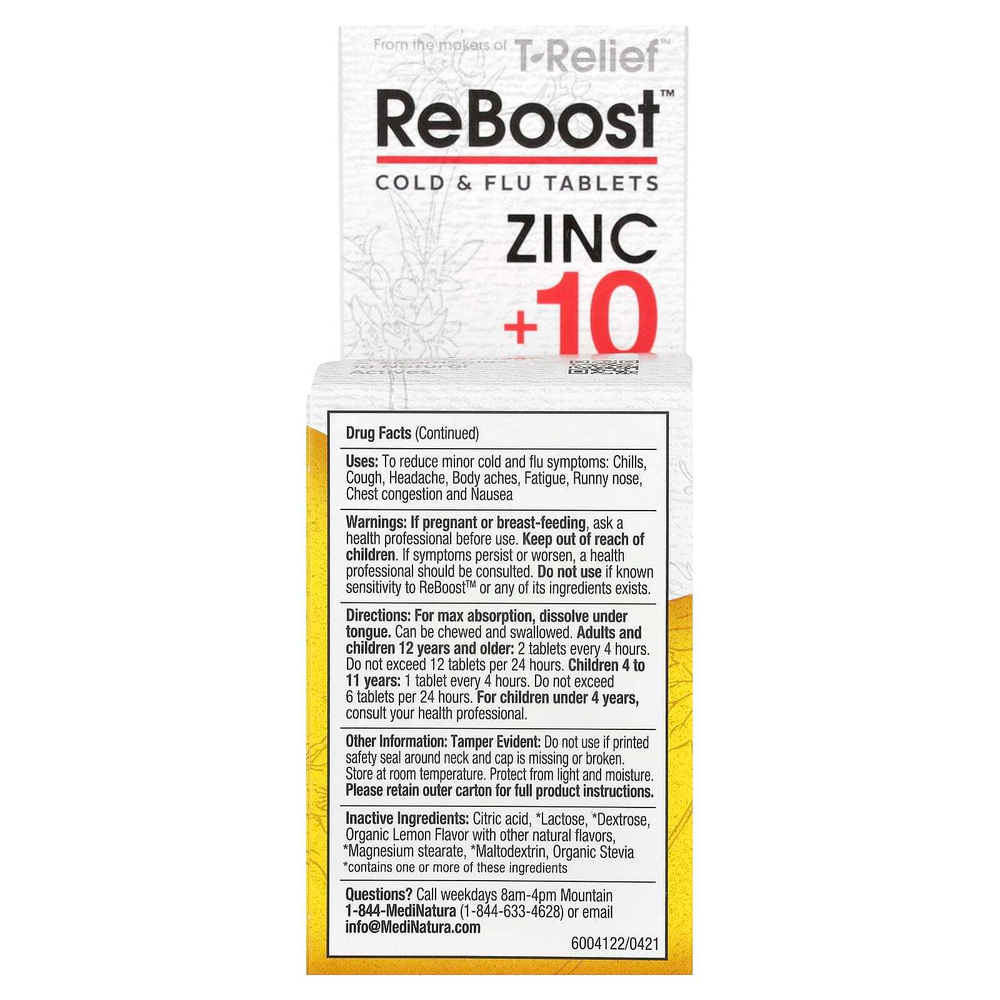 MediNatura, T-Relief, ReBoost, цинк + 10 ингредиентов, таблетки от простуды и гриппа, 60 таблеток