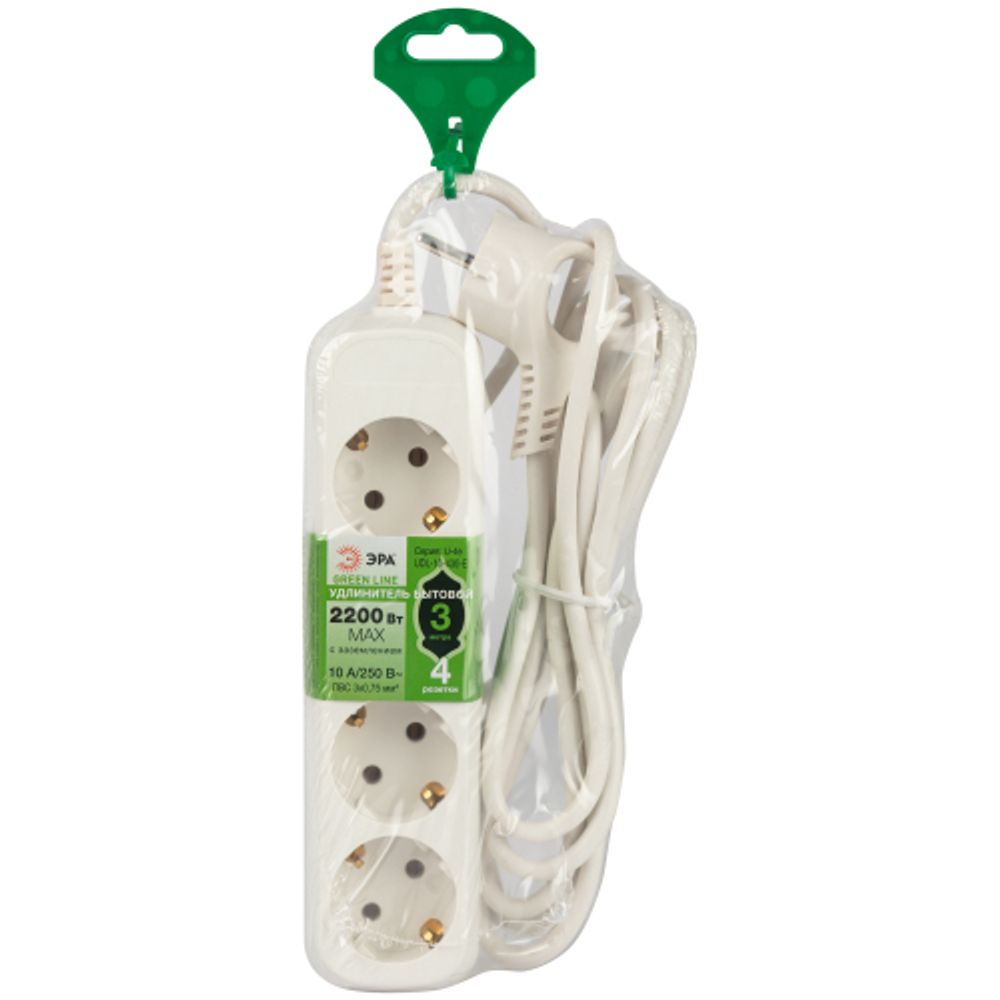 Удлинитель электрический ЭРА UDL-10-430-E Greenline 4 розетки с заземлением 3м ПВС 3x0.75мм2 | Бытовые удлинители