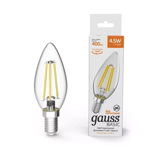 Лампа Gauss LED Filament Basic Свеча 4,5W Е14 400lm 2700К 1031115