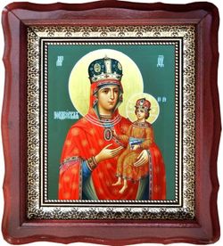 Новодворская икона Божьей Матери на холсте 15х18 см в киоте 24х27х4 см.