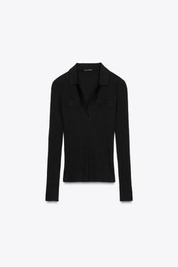 ZARA ФУТБОЛКА В РУБЧИК С ВОРОТНИКОМ ПОЛО, ЧЕРНЫЙ