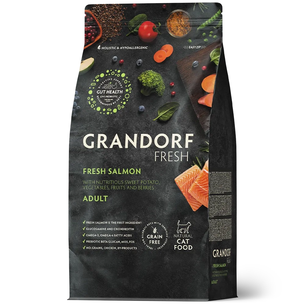 Сухой корм GRANDORF FRESH CAT Salmon беззерновой, лосось с бататом для взрослых кошек, для здоровья кожи и шерсти или склонных к аллергии 0,4кг