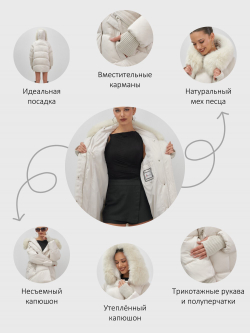 Куртка зимняя женская с мехом и капюшоном тренд бежевого цвета 7737B