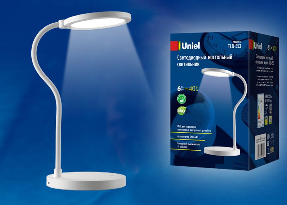 TLD-553 White/LED/400Lm/4500K/Dimmer/USB Светильник настольный, 6W. Встроенный аккумулятор 1200mAh. Сенсорный выключатель. Белый. ТМ Uniel