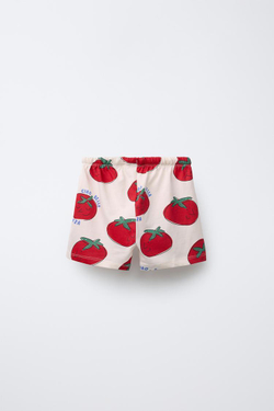 ZARA ПИЖАМА С ФУТБОЛКОЙ И ШОРТАМИ С ПРИНТОМ «ПОМИДОРЫ», ЭКРЮ