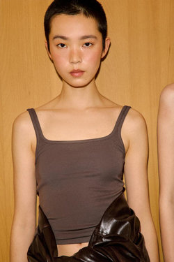 ZARA ТОП НА БРЕТЕЛЯХ ИЗ ХЛОПКА И МОДАЛА, СЕРОВАТО-КОРИЧНЕВЫЙ