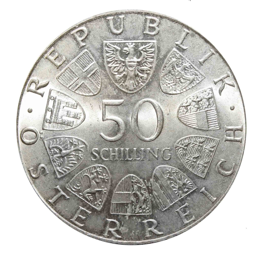 50 шиллингов. 50 лет Австрийскому радио. Австрия. 1974 год. Серебро. AU