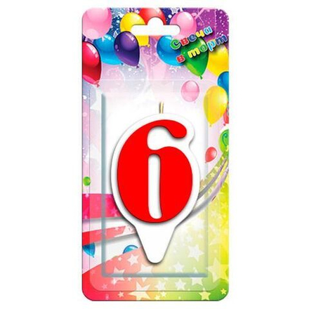 Свеча Цифра, 6 Белая окантовка, Красный, 9 см