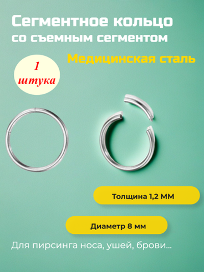 Сегментное кольцо 8 мм со съемным сегментом для пирсинга. Медицинская сталь