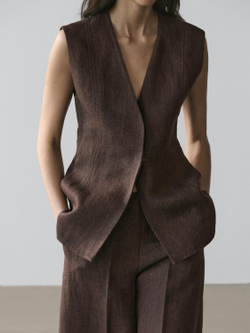 Massimo Dutti Костюмный жилет изо льна, коричневый
