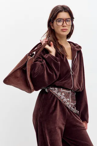 Худи на молнии из велюровой ткани шоколадного цвета