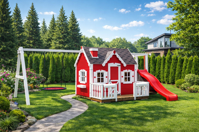 Детский деревянный домик с горкой и качелями Незабудка люкс