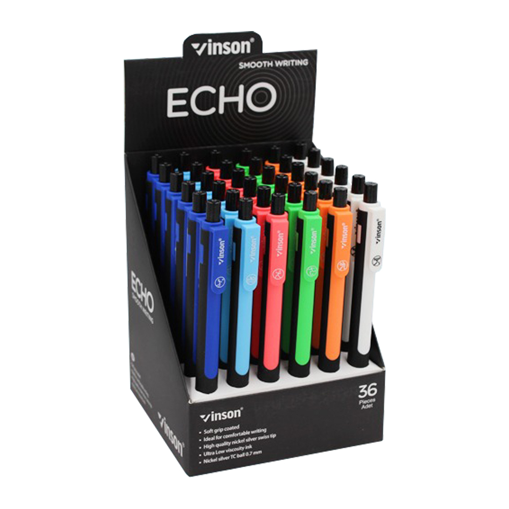 Ручка шариковая, масляная, автоматическая, Vinson, синие чернила, серия "VINSON ECHO", 6 цветов корпуса, 36 шт