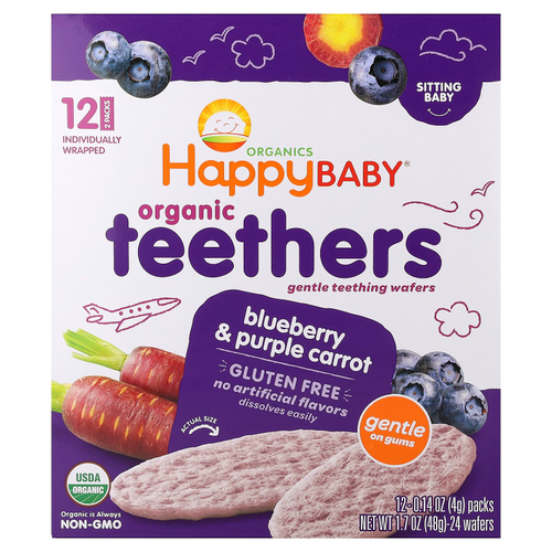 Happy Family Organics, Happy Baby®, органические вафли для прорезывания зубов, голубика и фиолетовая морковь, 12 пакетиков по 4 г (0,14 унции)