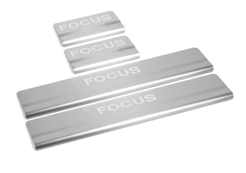 Накладки на пороги AutoMax для Ford Focus II поколение 2005-2008, нерж. сталь, с надписью, 4 шт., AMFOFOC01