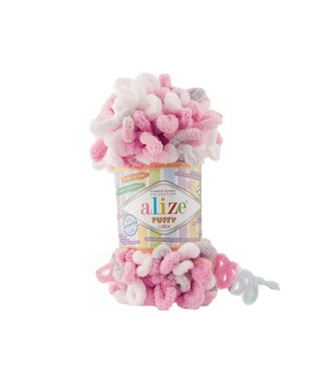Пуффи колор (Puffy color) пряжа Alize 100%микрополиэстер 5х100г/9 м (6370 белый-розовый-серый)