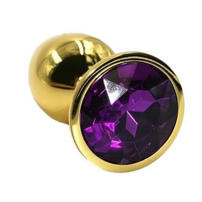Золотистая алюминиевая анальная пробка с темно-фиолетовым кристаллом - 6 см. (Цвет: фиолетовый)