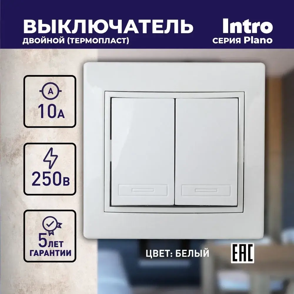 Выключатель Intro Plano 1-104-01 двухклавишный 10А-250В IP20 СУ белый