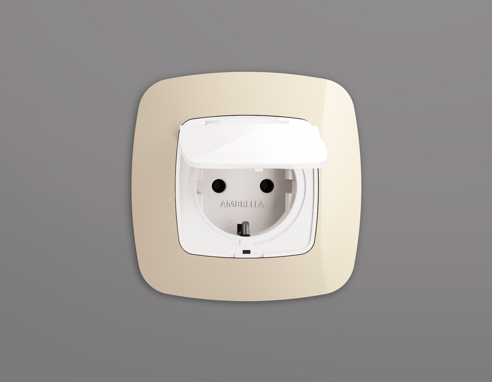 OP1080 Лицевая панель OMEGA (Белый глянец) для электрической розетки с/з со шторками и крышкой IP44 QUANT