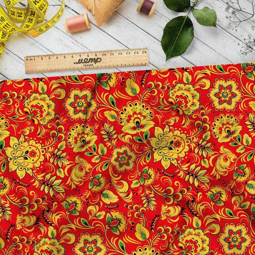 Ткань шифон хохломская роспись