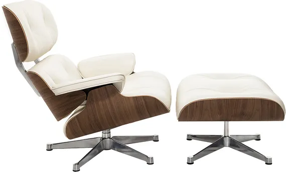 Кресло с оттоманкой Eames Lounge, Premium U.S. version, кремовая кожа, орех