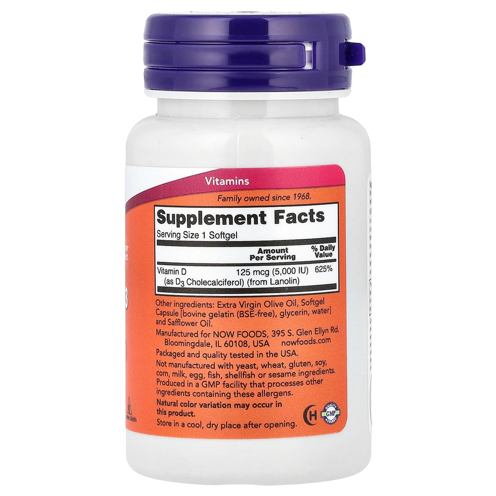 NOW Foods, Витамин D3, высокая эффективность, 125 мкг (5000 МЕ), 240 мягких таблеток