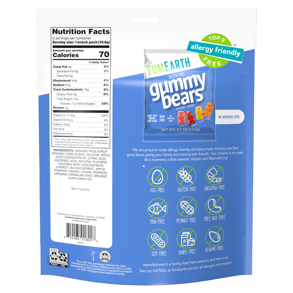 YumEarth, жевательные мишки без глютена, со вкусом клубники, вишни, манго и персика, 5 порционных пакетиков по 19,8 г (0,7 унции)