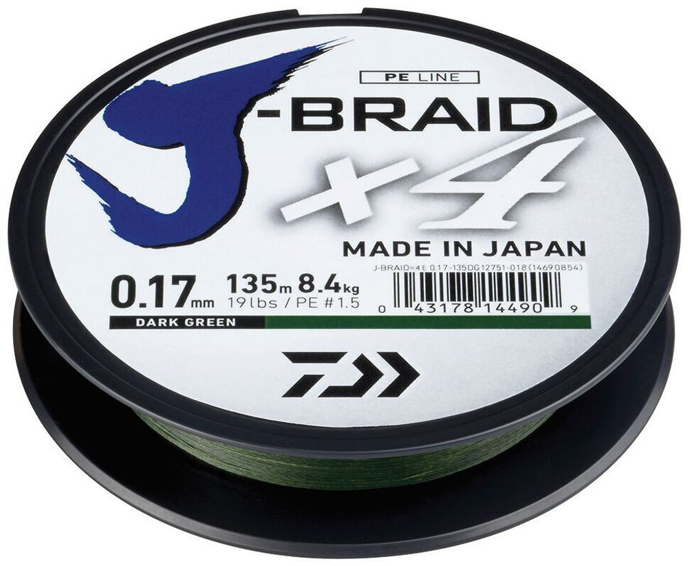 Плетеный шнур Daiwa J-Braid X4 Dark Green 0,19мм 135м