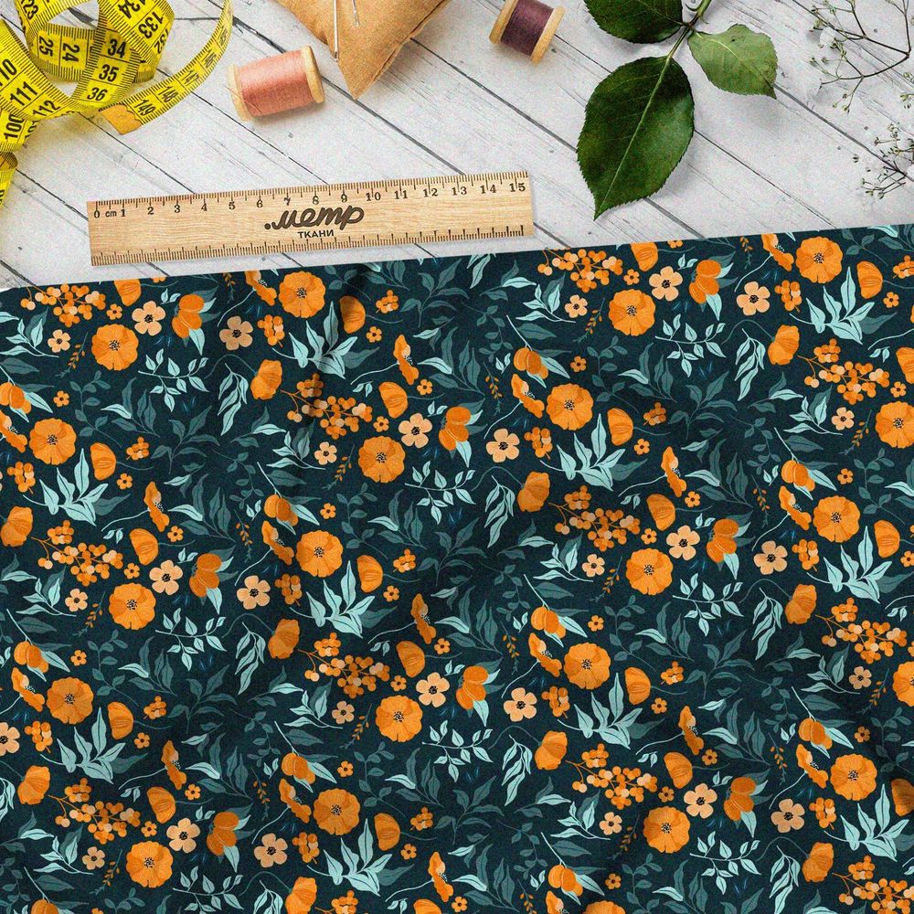 Ткань шифон выцвевшие оранжевые цветы и зелень