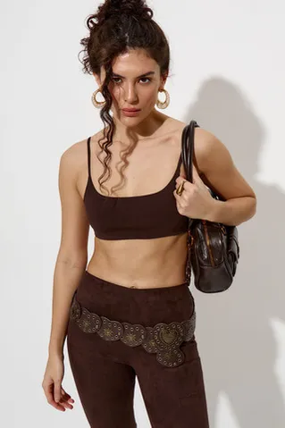 Кроп топ на бретелях из хлопка шоколадного цвета