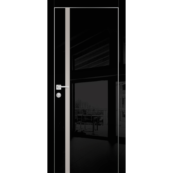 Фото межкомнатной двери экошпон Profilo Porte HGX-8 чёрный глянец с алюминиевой кромкой с 4-х сторон стекло Matelac латте